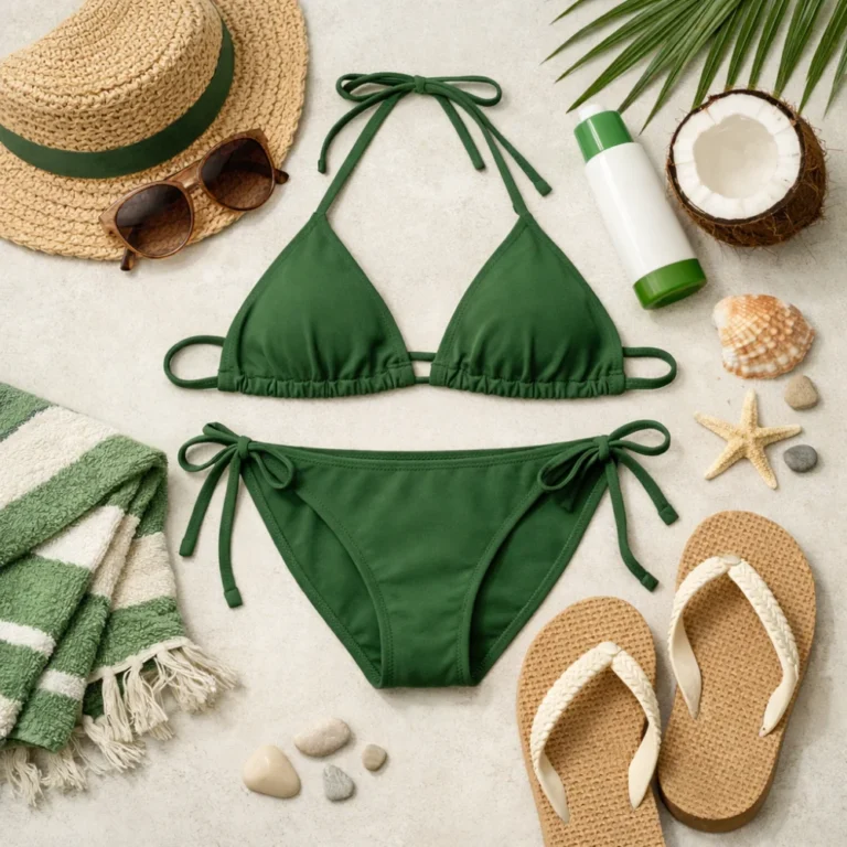 A women’s bikini set with beach accessories on a neutral background