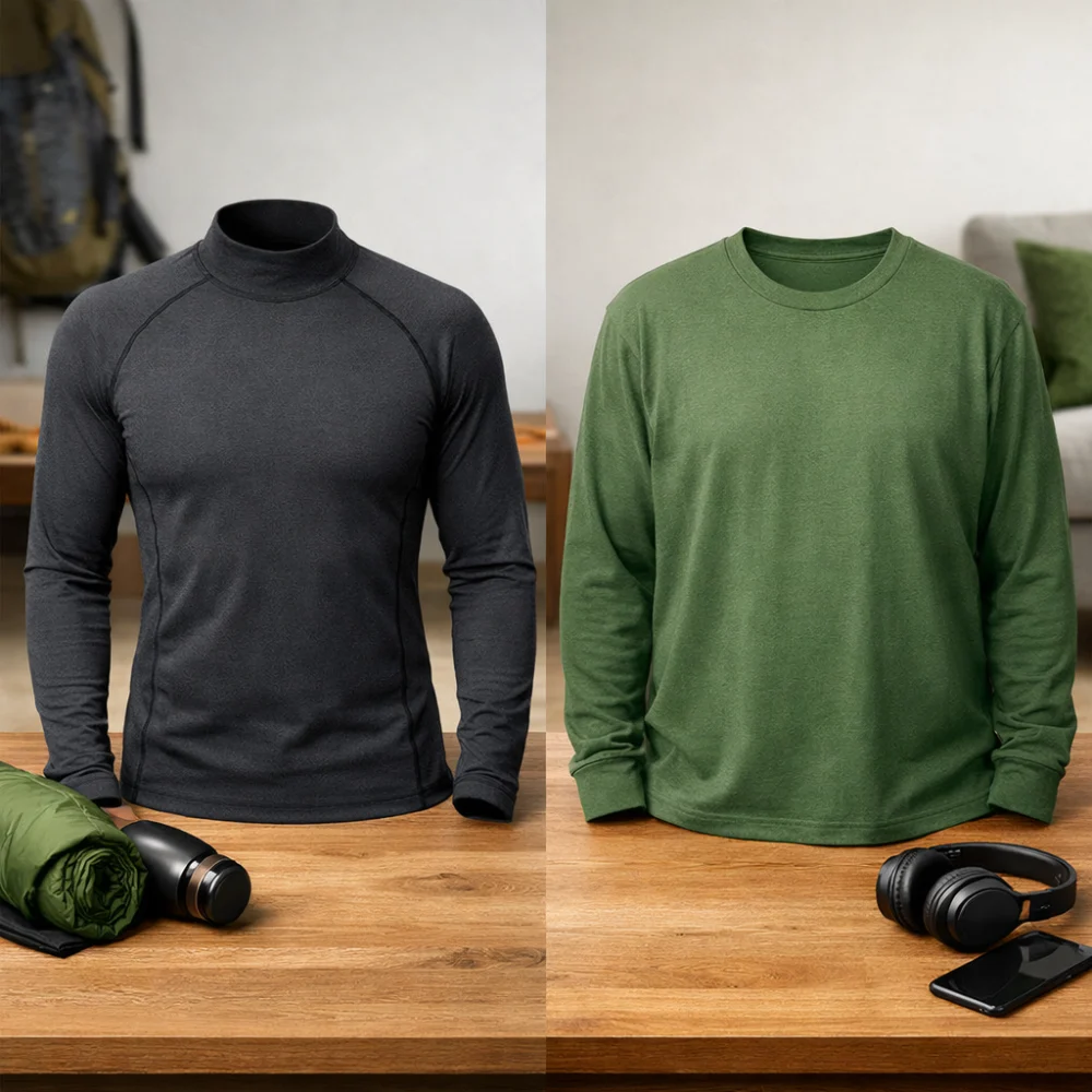 Two women's tops shown side by side to compare fitted and relaxed styles