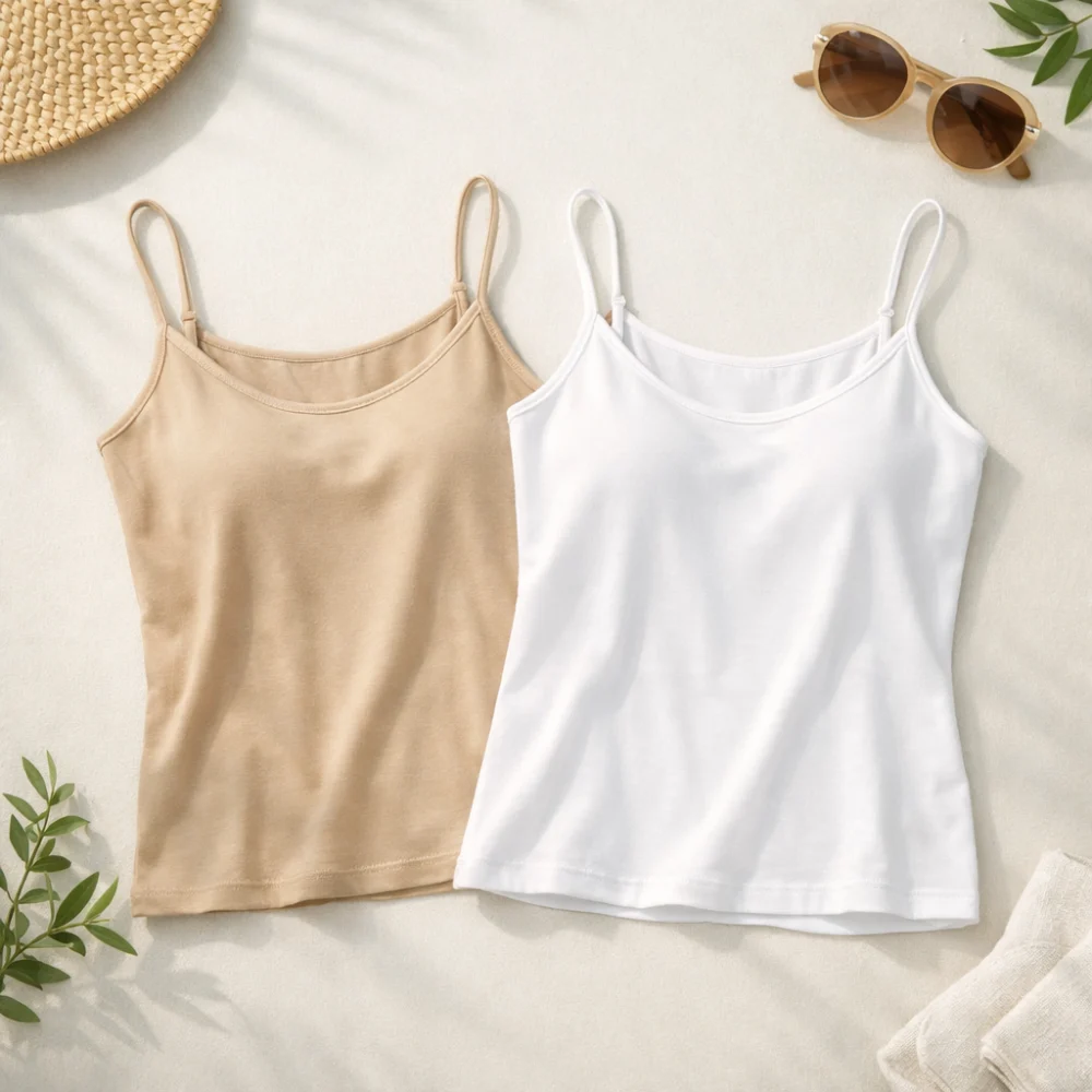 Flat lay of women's camisoles and tank tops on a plain background