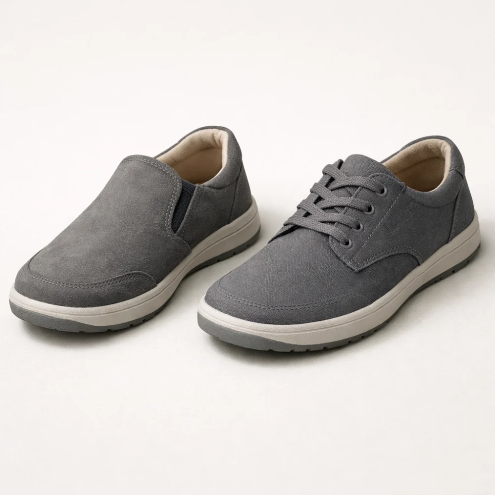Slip-on and lace-up women’s casual shoes shown side by side on a plain background