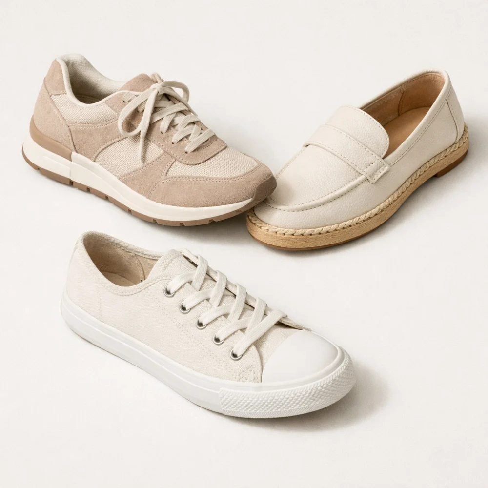Two or three women’s casual shoes arranged on a plain background