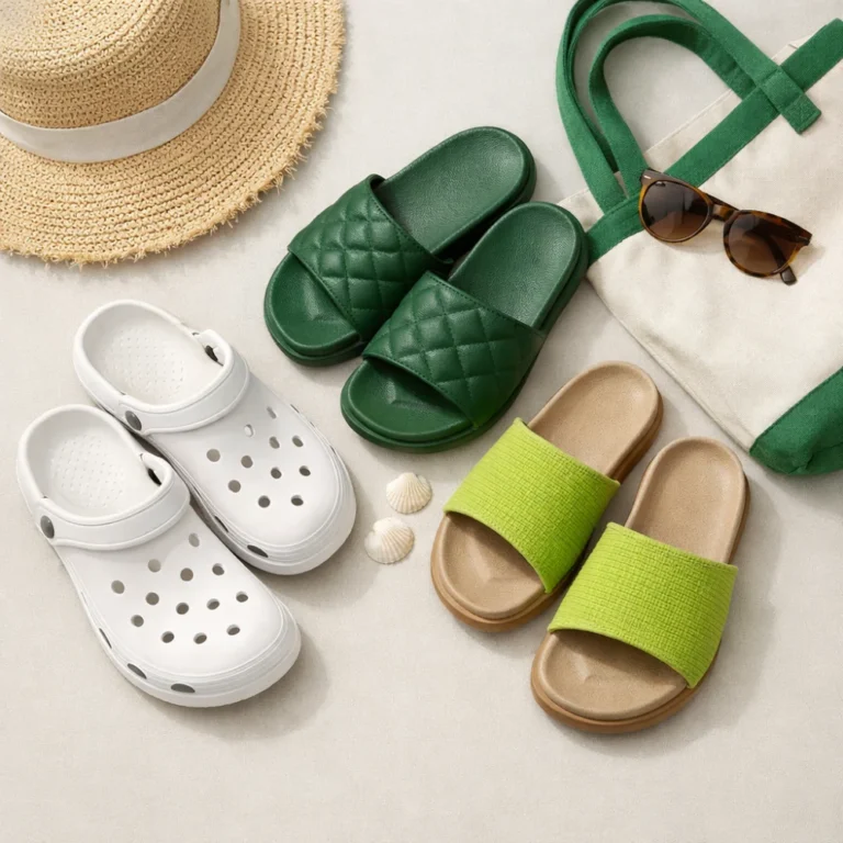 Women’s casual summer footwear laid out on a neutral background