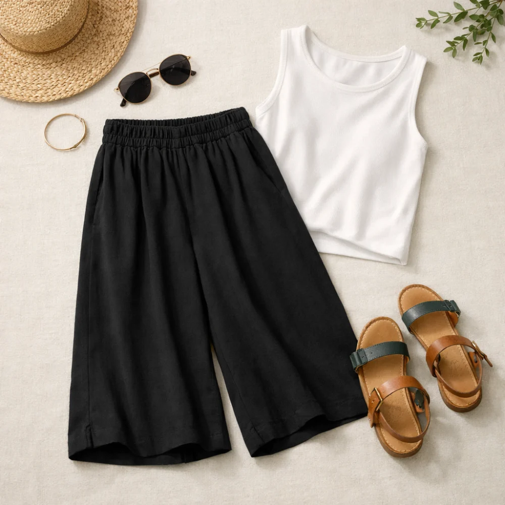 Women’s culottes styled as a simple flat lay with a top and sandals