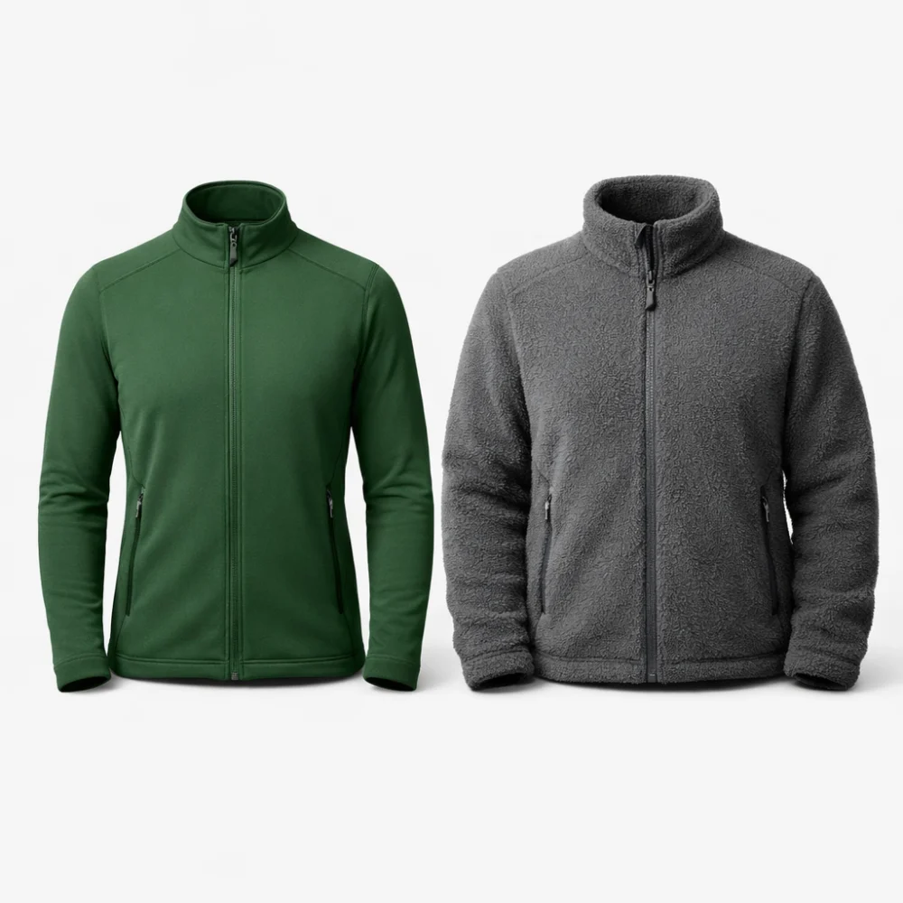 Side-by-side comparison of a slim midlayer and a bulkier fleece on a plain background.