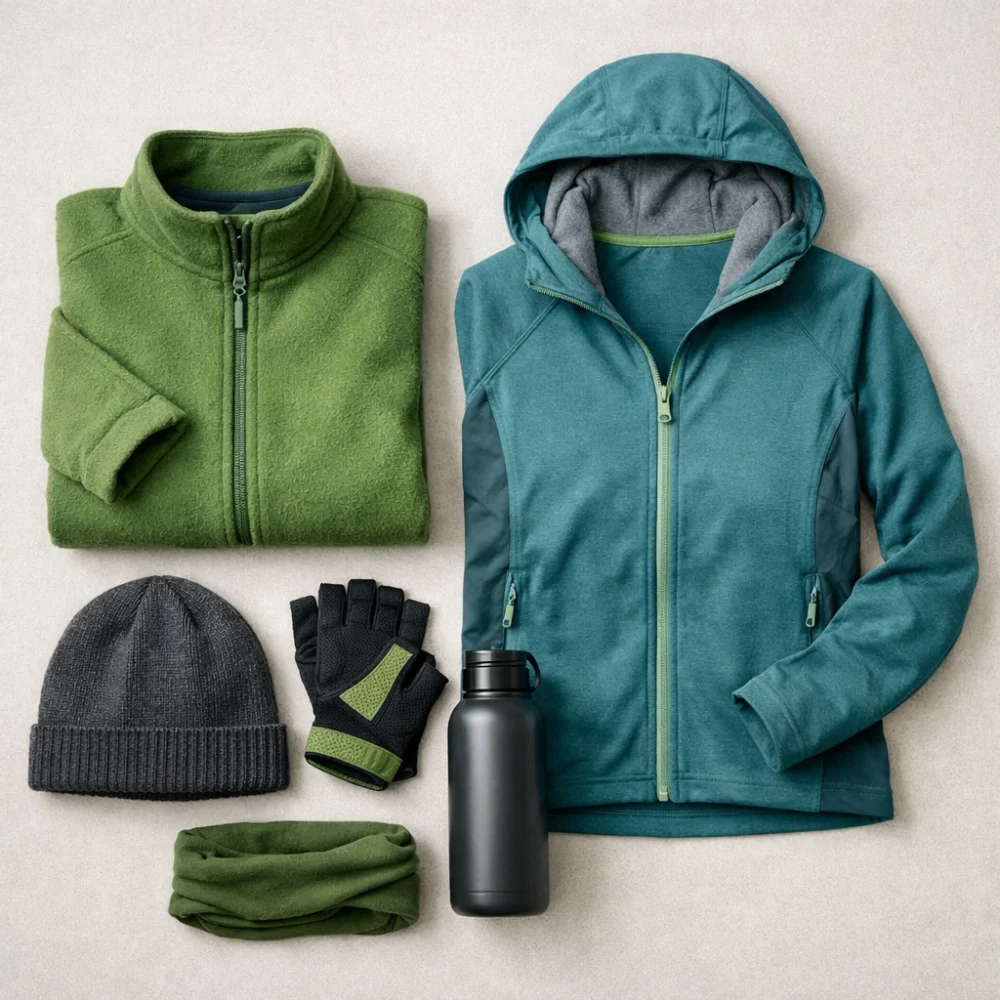 Folded women’s fleece and midlayer garments arranged for a clean buying guide image.