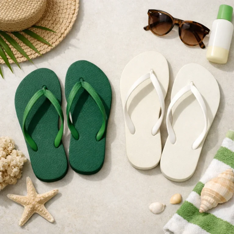 Women’s flip flops arranged on a neutral background