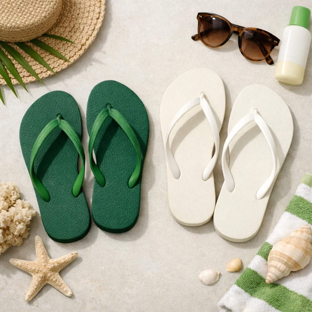 Women’s flip flops arranged on a neutral background