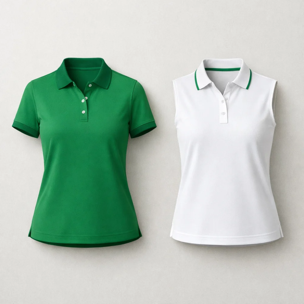 Two women’s golf polo shirt styles shown side by side to compare sleeve options.