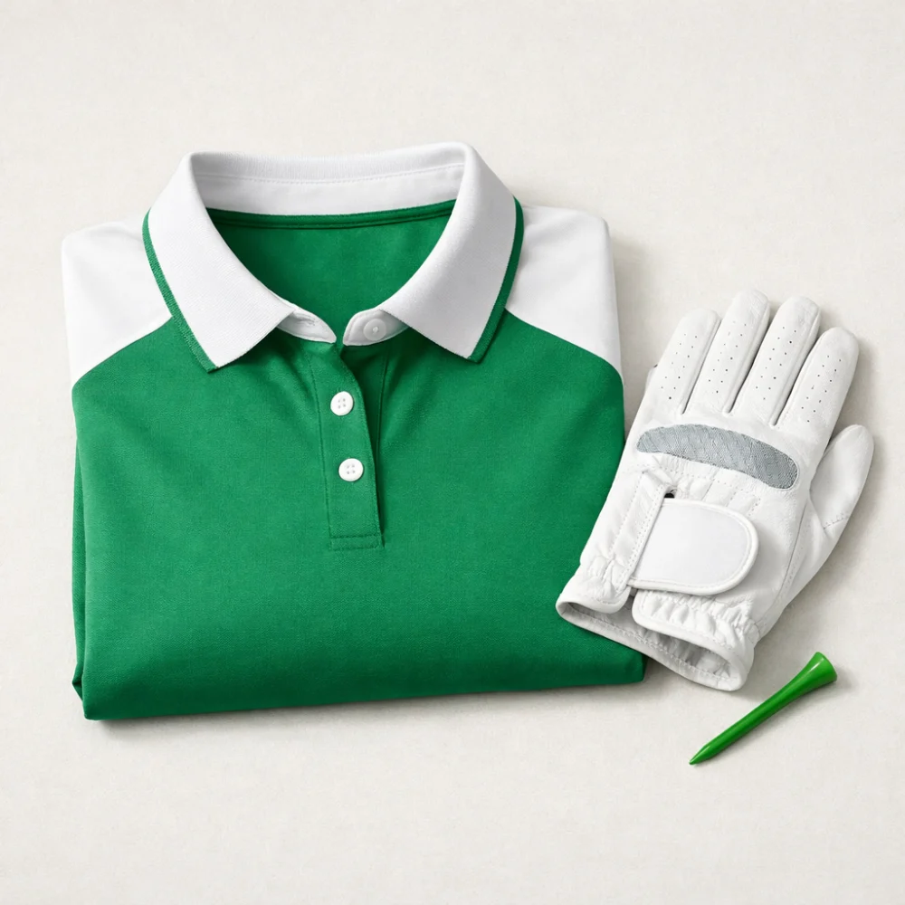 A women’s golf polo shirt shown in a clean golf-themed lifestyle setting.