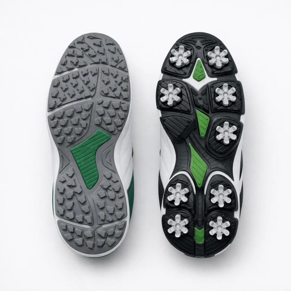 Side-by-side comparison of spikeless and spiked women’s golf shoes.