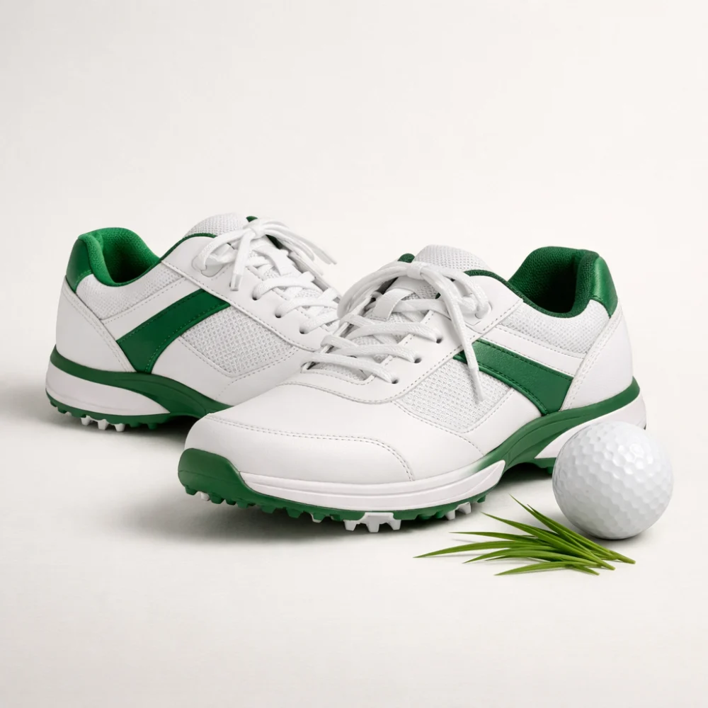 Women’s golf shoes displayed with a golf ball on a neutral background.