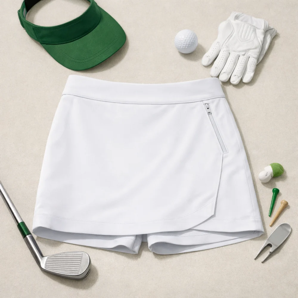 Women’s golf skort laid out with simple golf accessories on a neutral background.