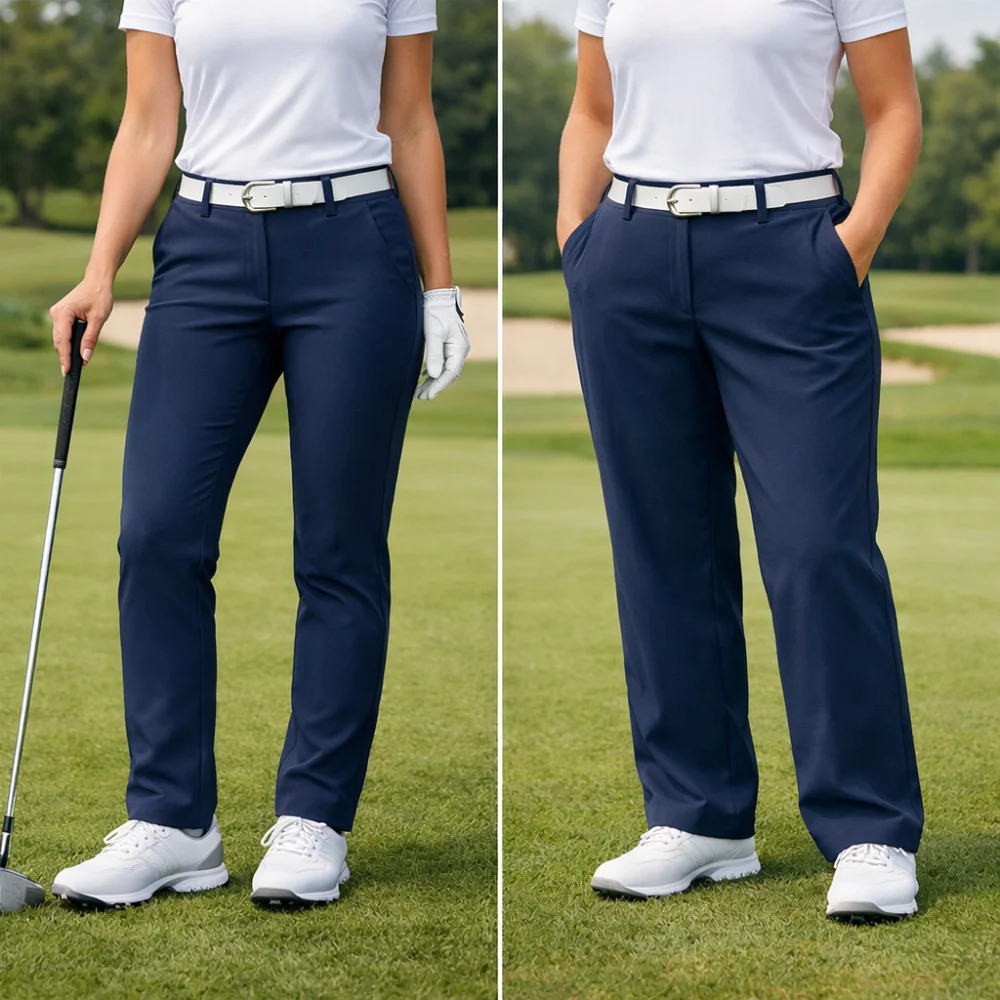 Two styles of women's golf trousers showing different fits