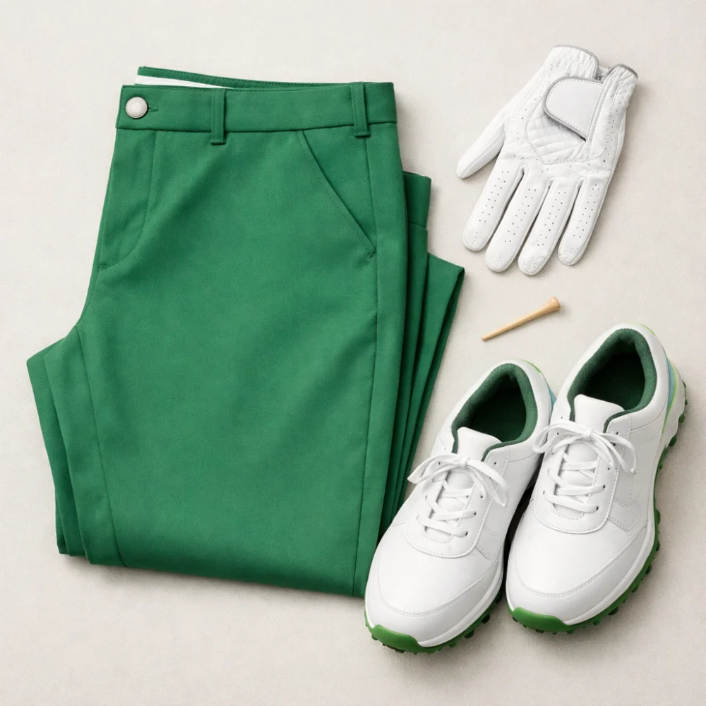 Women's golf trousers styled with golf accessories on a neutral background