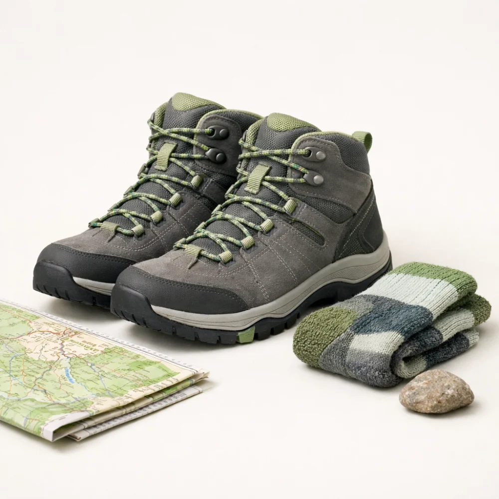 Women’s hiking boots arranged with walking gear on a neutral background.