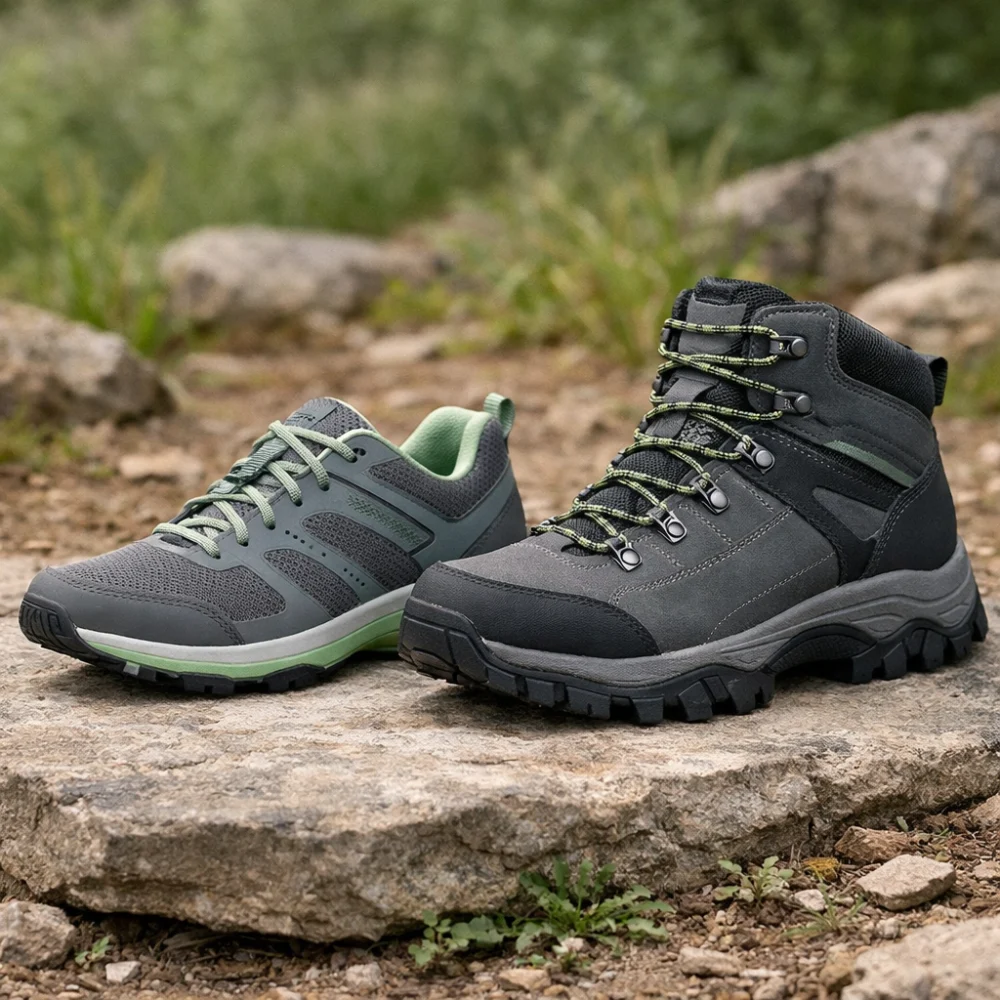 Two women’s hiking shoes shown side by side to compare lighter and more structured styles.