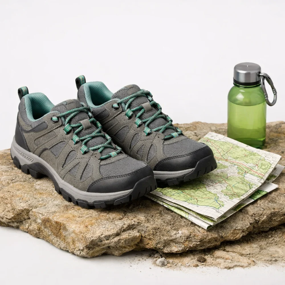 A pair of women’s hiking shoes styled with simple hiking gear on a neutral background.