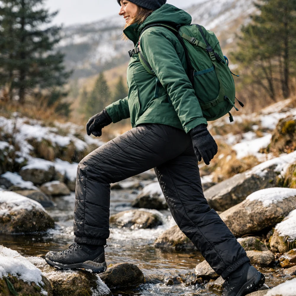 Woman wearing insulated trousers in a cold outdoor setting