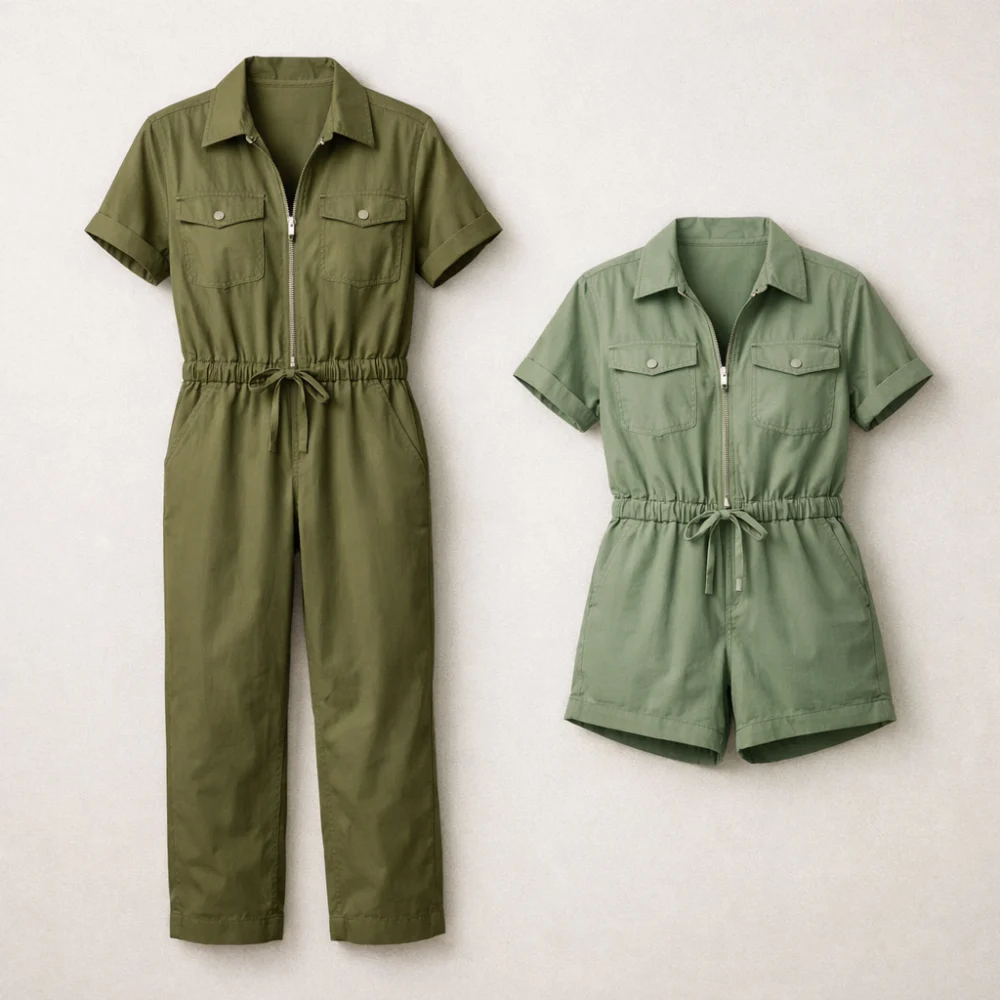 A side-by-side comparison of a jumpsuit and a playsuit