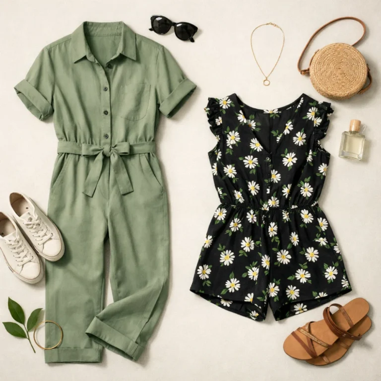 A women’s jumpsuit and playsuit styled on a neutral background