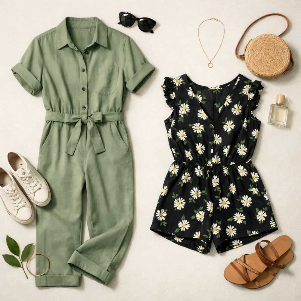A women’s jumpsuit and playsuit styled on a neutral background