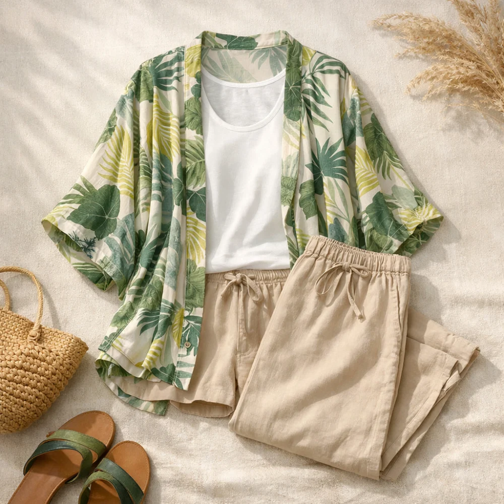 A woman wearing a lightweight kimono over a casual summer outfit.