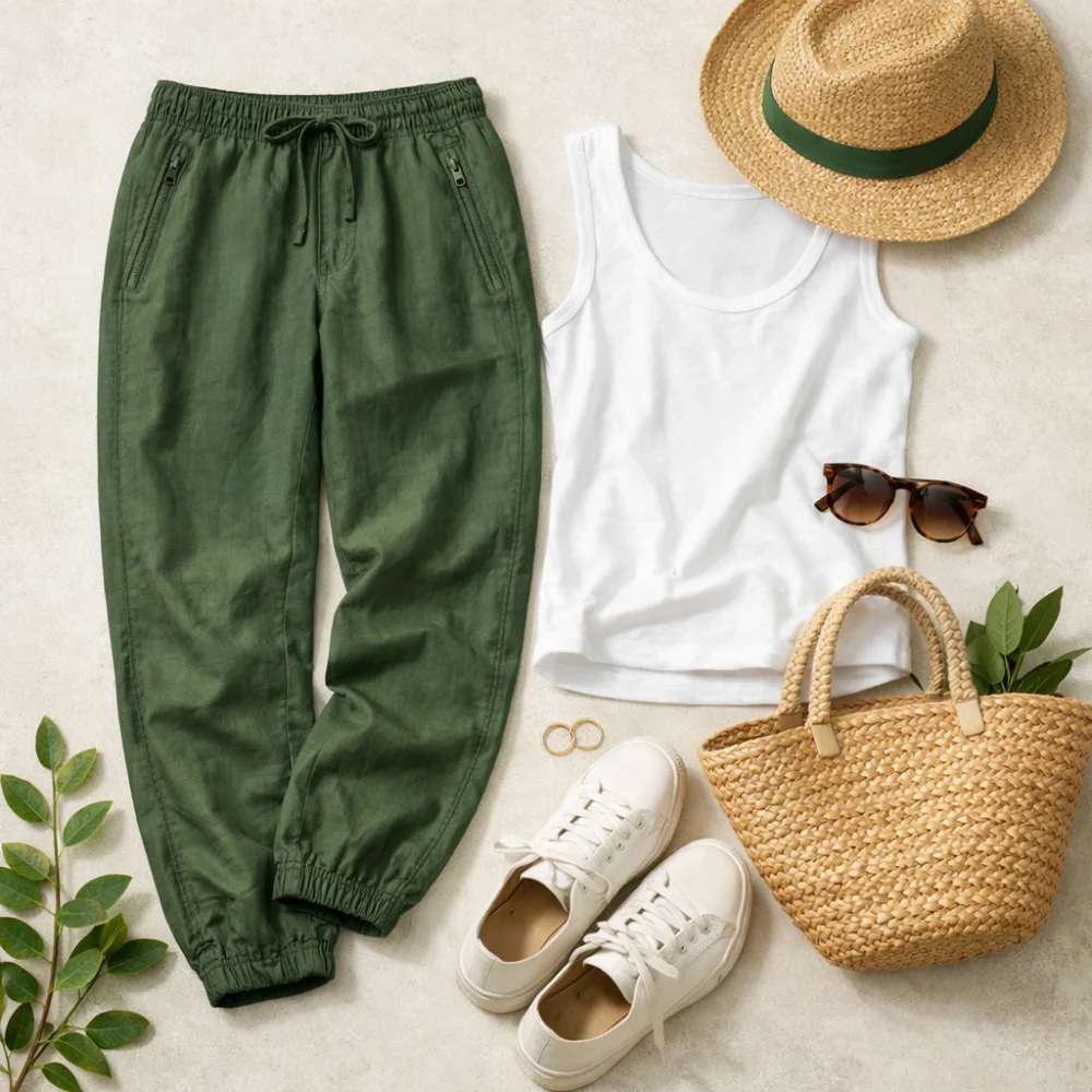 Women’s lightweight trousers styled as a simple summer outfit on a neutral background