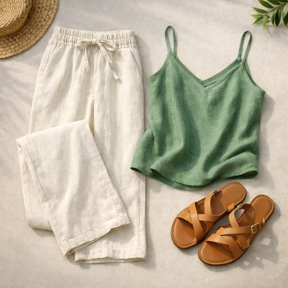 Women’s linen trousers styled with a summer top and sandals in a simple flat lay.