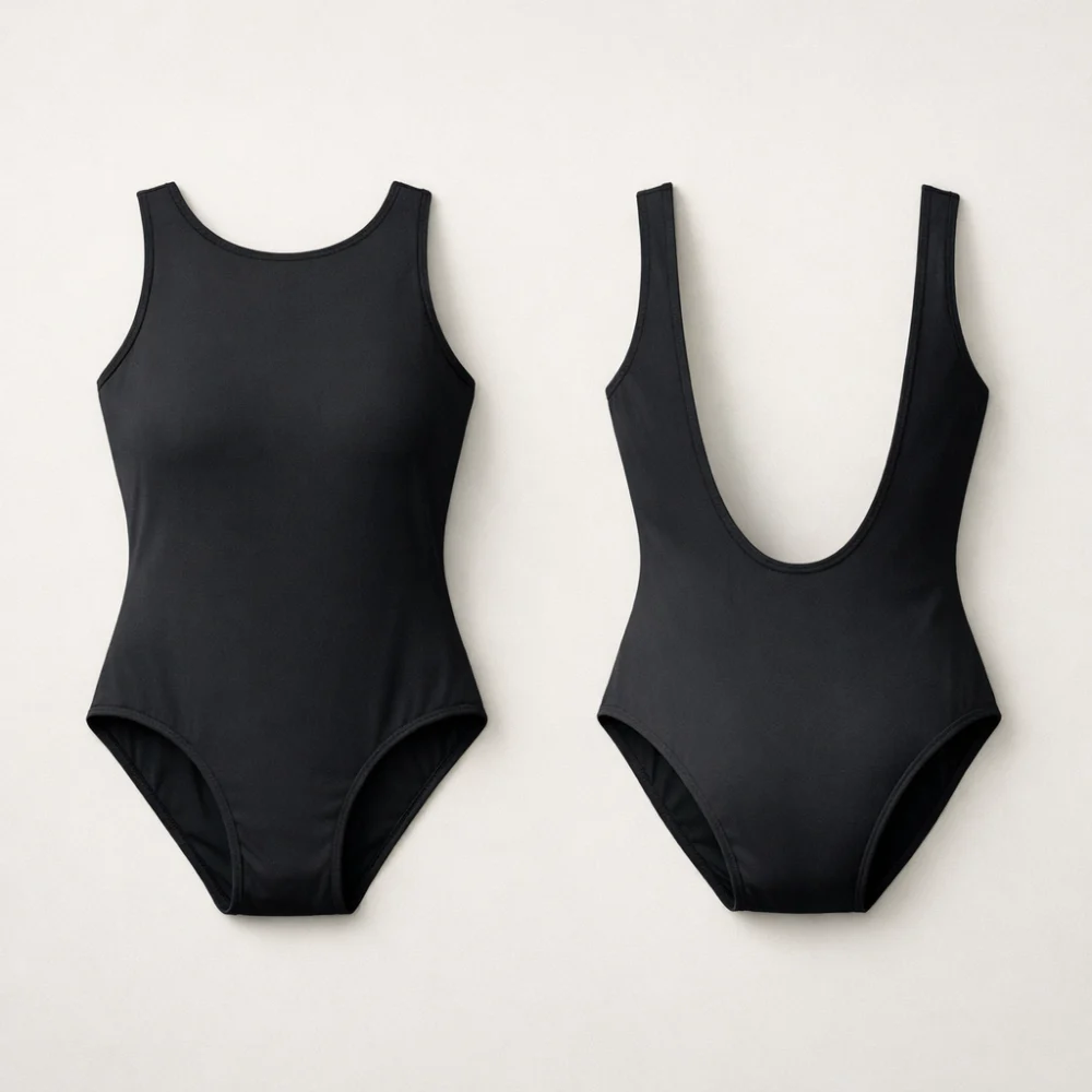 Two one-piece swimsuit silhouettes showing different back coverage styles.