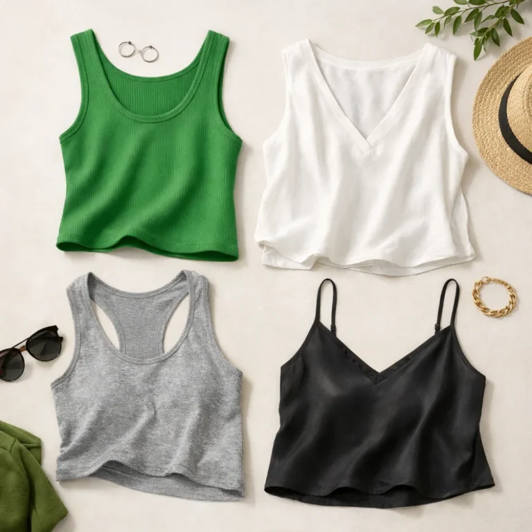 Flat lay of several women's sleeveless tops arranged on a neutral background.