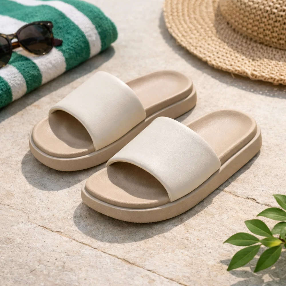 A pair of women’s sliders shown in a simple summer lifestyle setting.