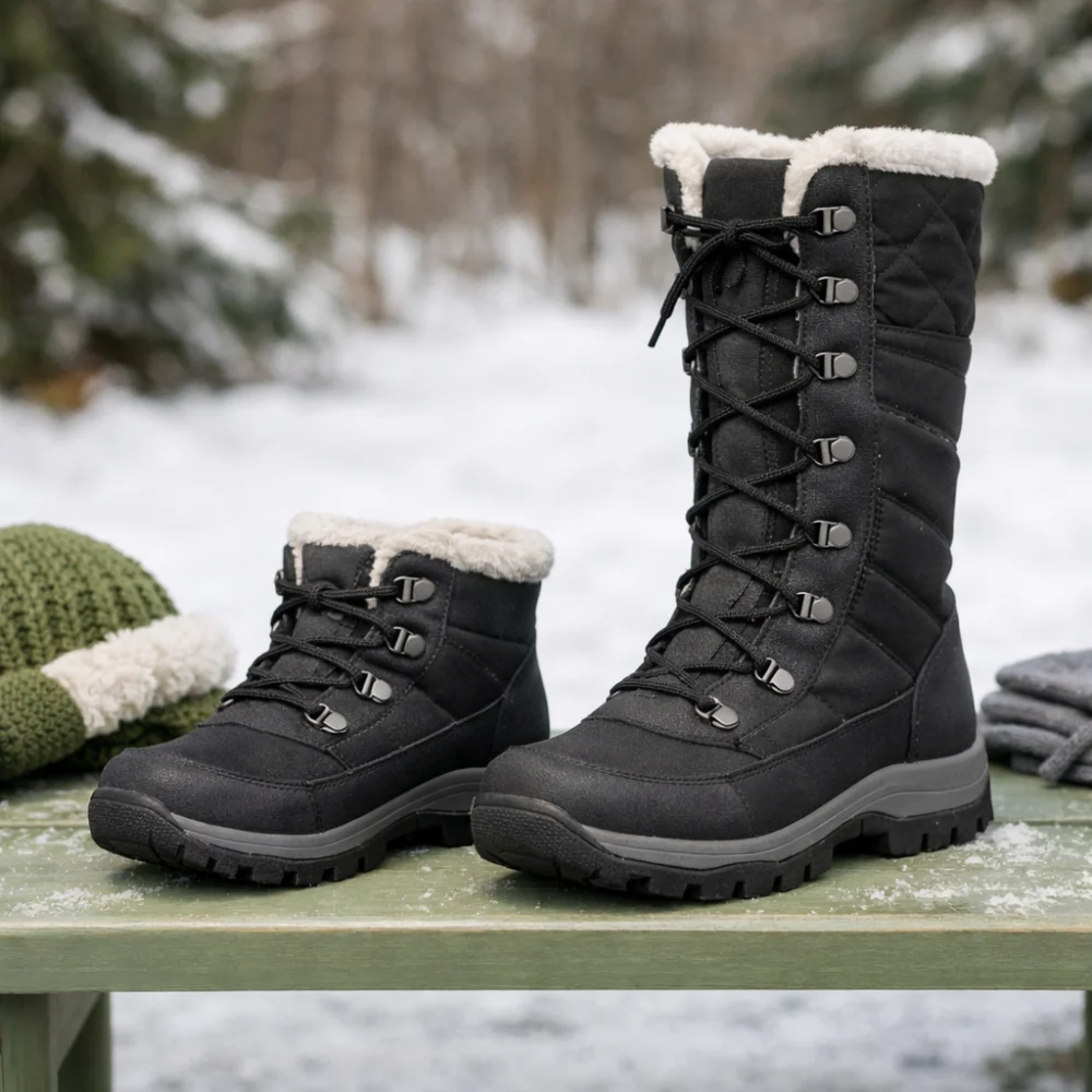 Two women’s winter boots shown side by side to compare boot height.
