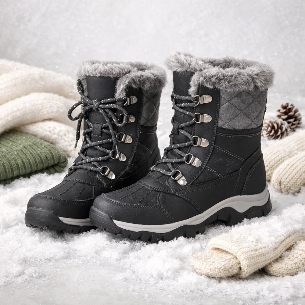 Women’s snow boots displayed on a neutral background with winter styling.