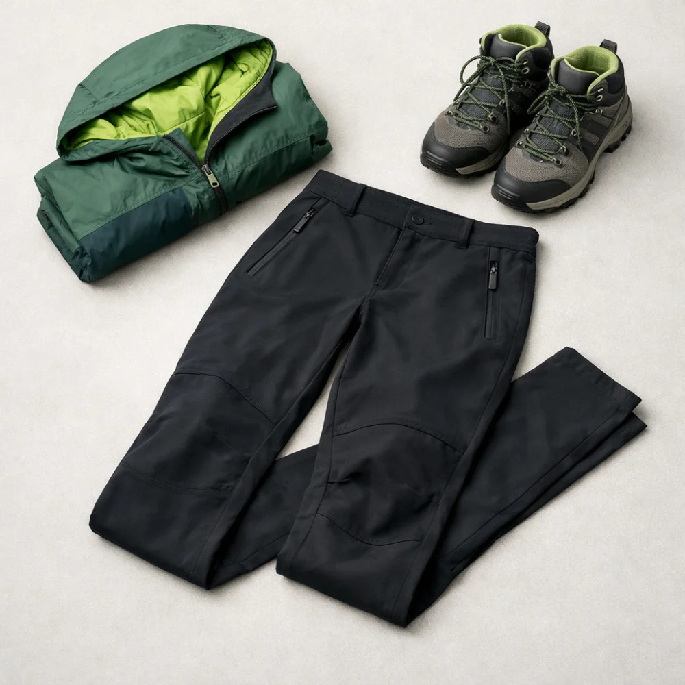 Women's softshell trousers displayed in a simple outdoor clothing setup