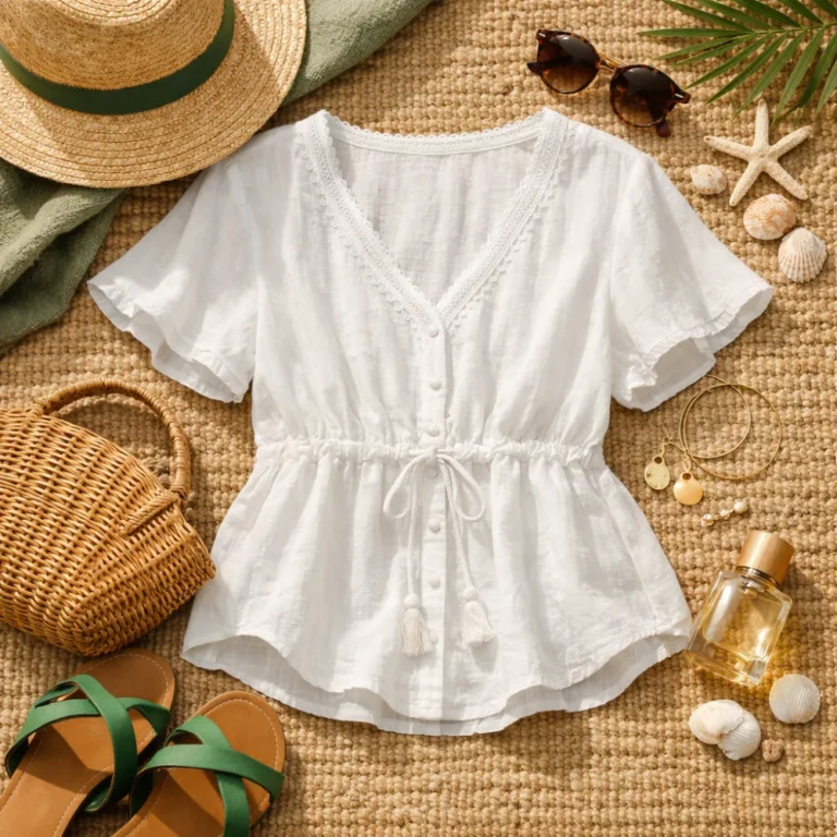 A lightweight women's summer blouse styled with simple accessories in natural daylight.