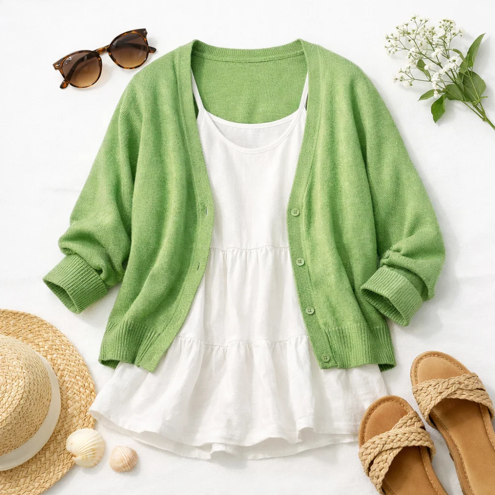 A women’s summer cardigan styled as a lightweight layering piece on a plain background.