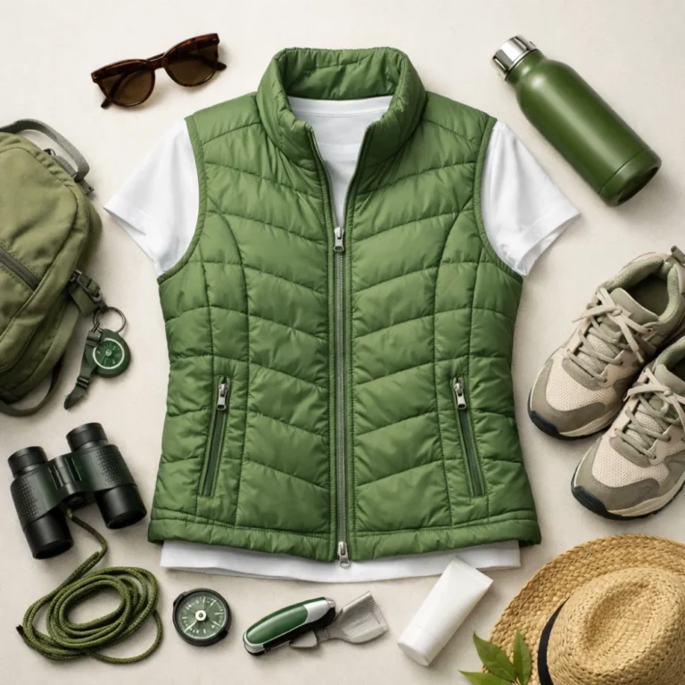 Women’s summer gilet styled as a lightweight outer layer on a neutral background