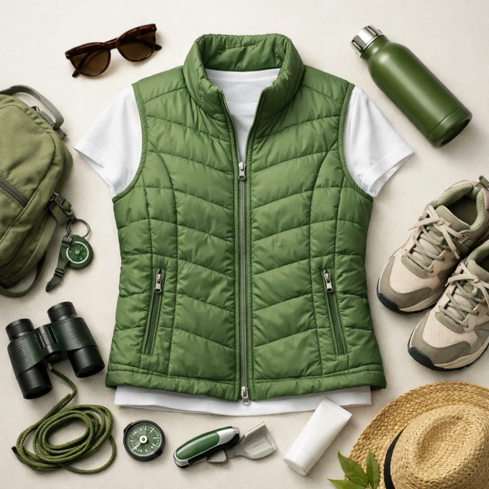 Women’s summer gilet styled as a lightweight outer layer on a neutral background