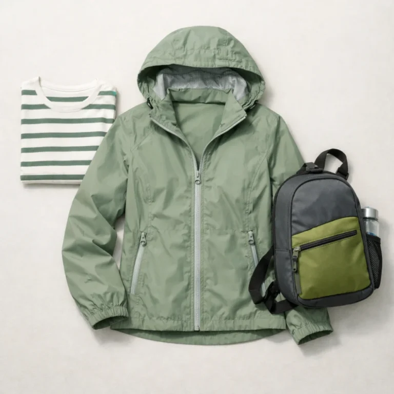 A lightweight women’s summer jacket styled with casual summer layers on a neutral background.