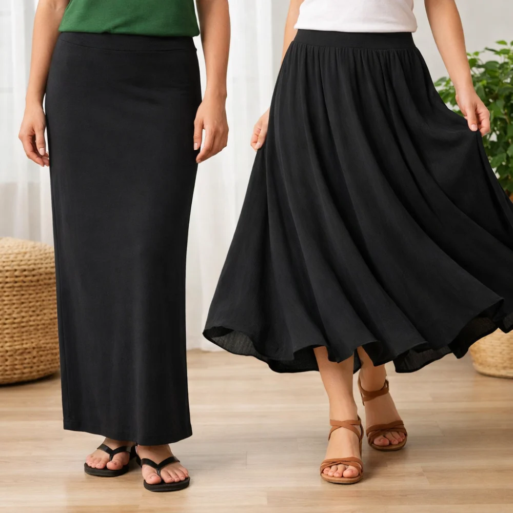 Two different maxi skirt silhouettes compared side by side.