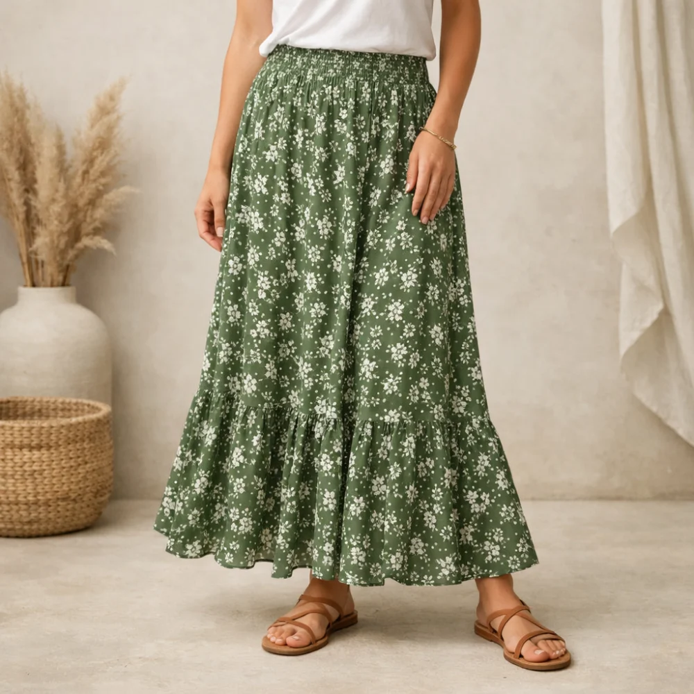 A women's summer maxi skirt displayed as part of a simple warm-weather outfit.