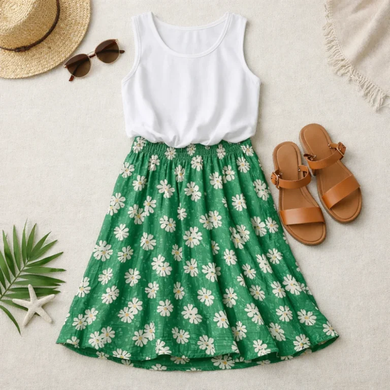 A women’s summer midi skirt styled with a light top and sandals on a neutral background.
