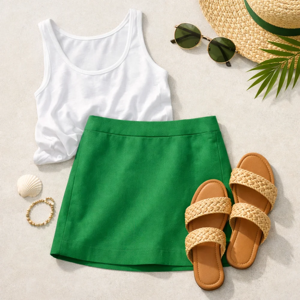 A simple summer outfit featuring a mini skirt on a neutral background.