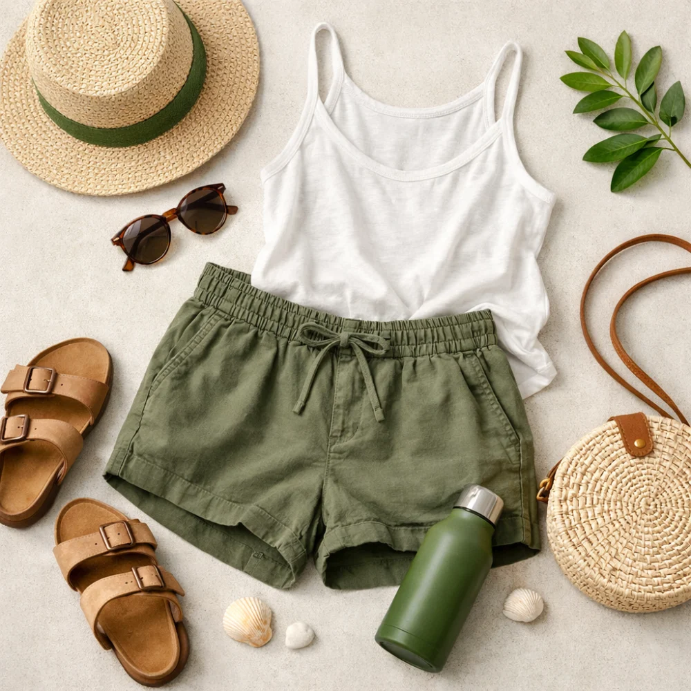 Women’s summer shorts styled in a simple warm-weather flat lay