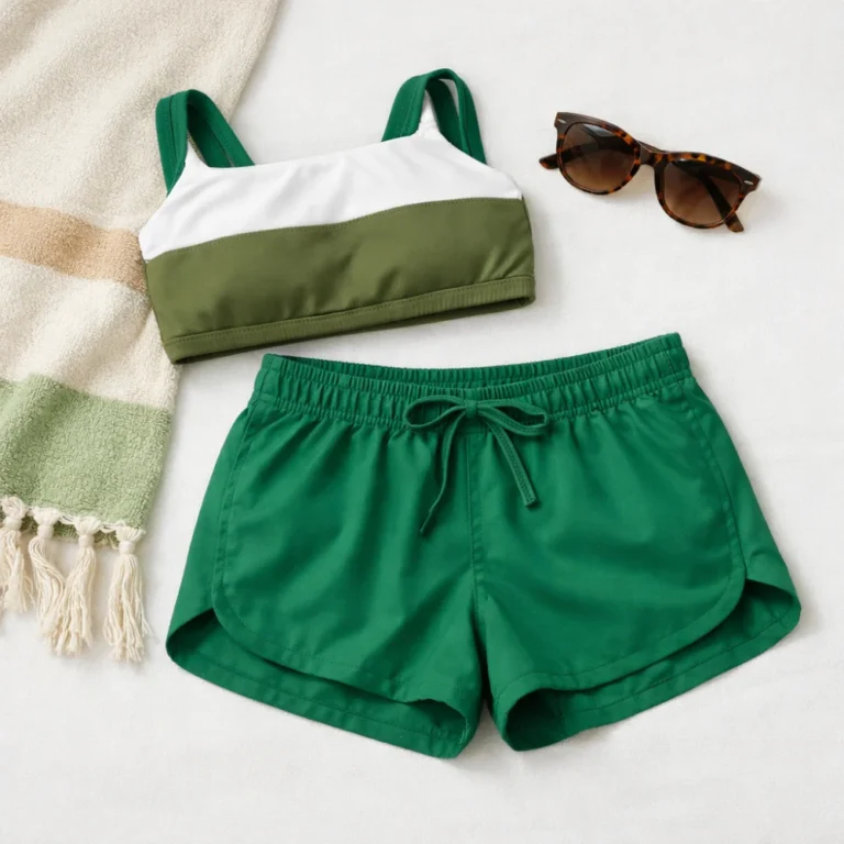 Women’s swim shorts styled with beachwear essentials on a clean background.