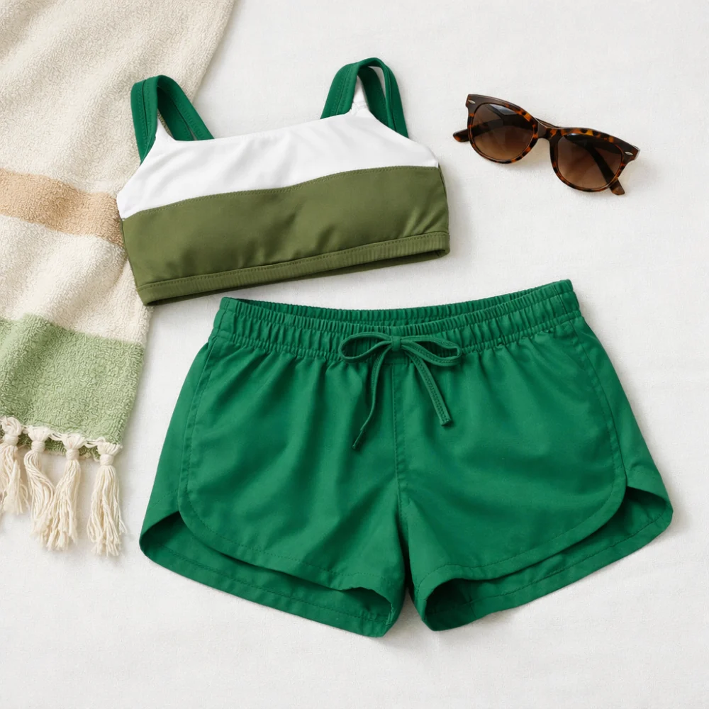 Women’s swim shorts styled with beachwear essentials on a clean background.