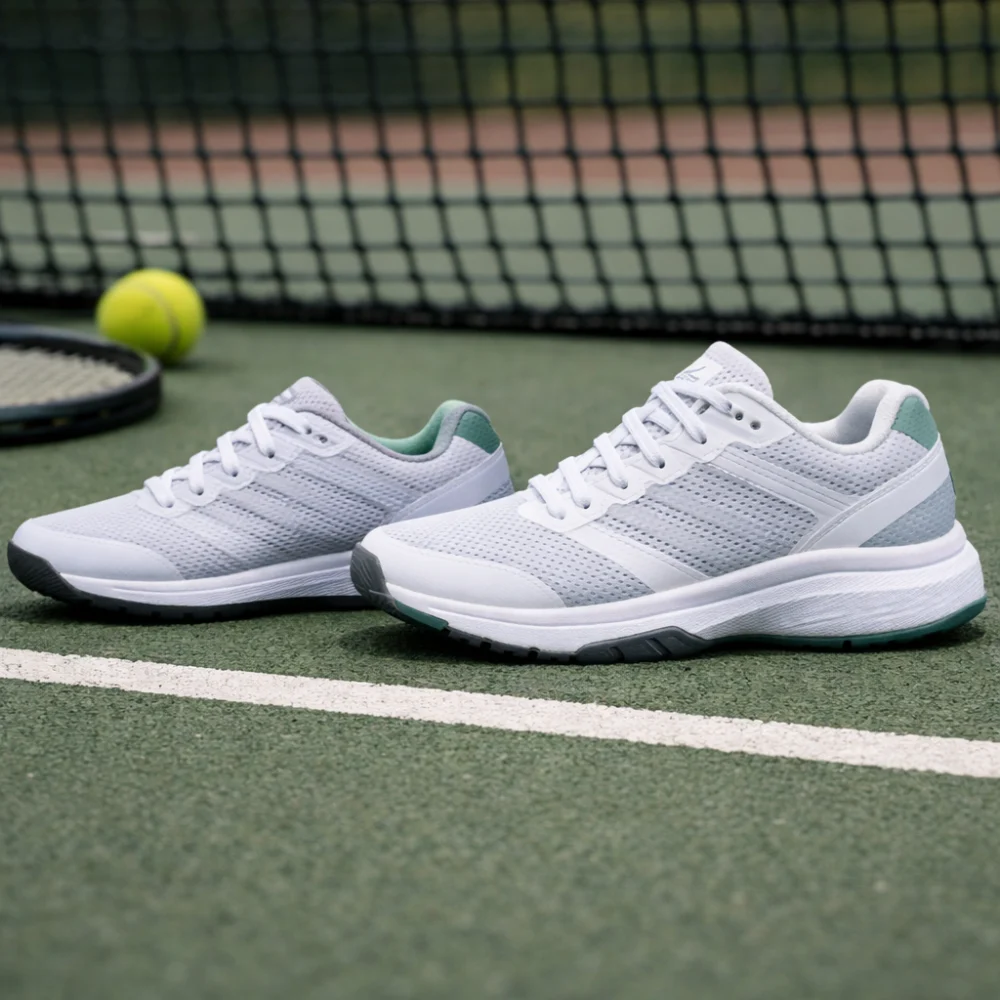 Two tennis shoes shown side by side to suggest different levels of cushioning and support.