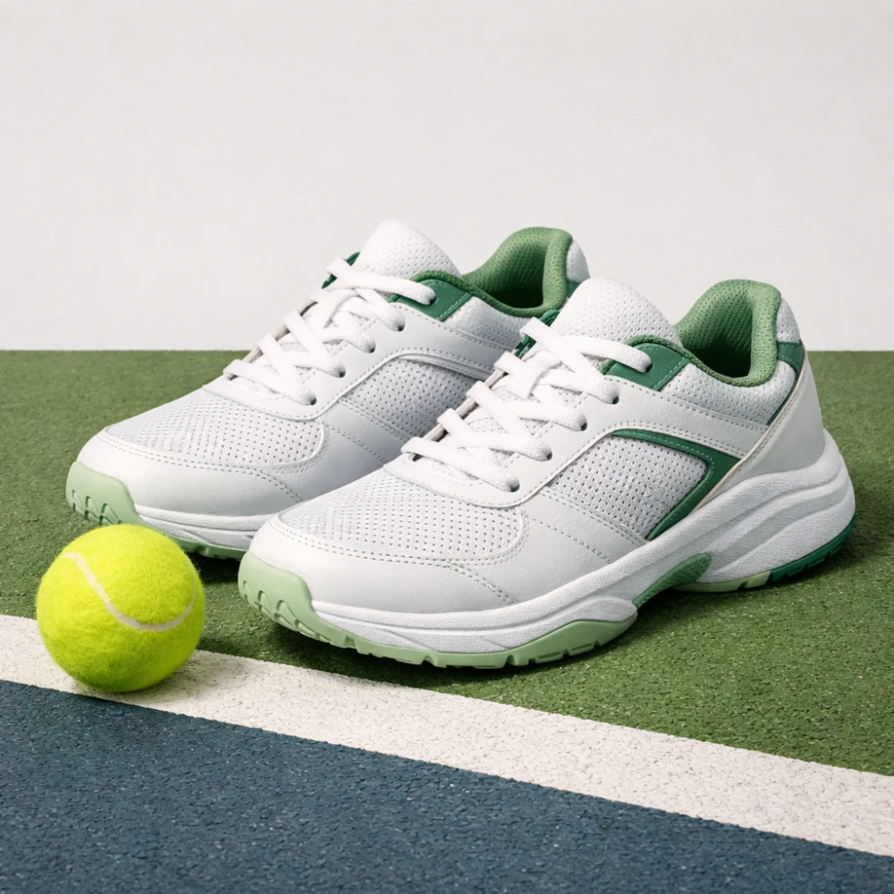 Women’s tennis shoes displayed with a tennis ball on a simple court-themed background.