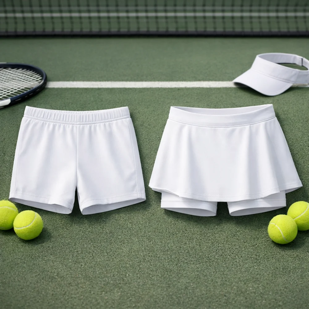 Side-by-side tennis shorts and skort showing different silhouettes