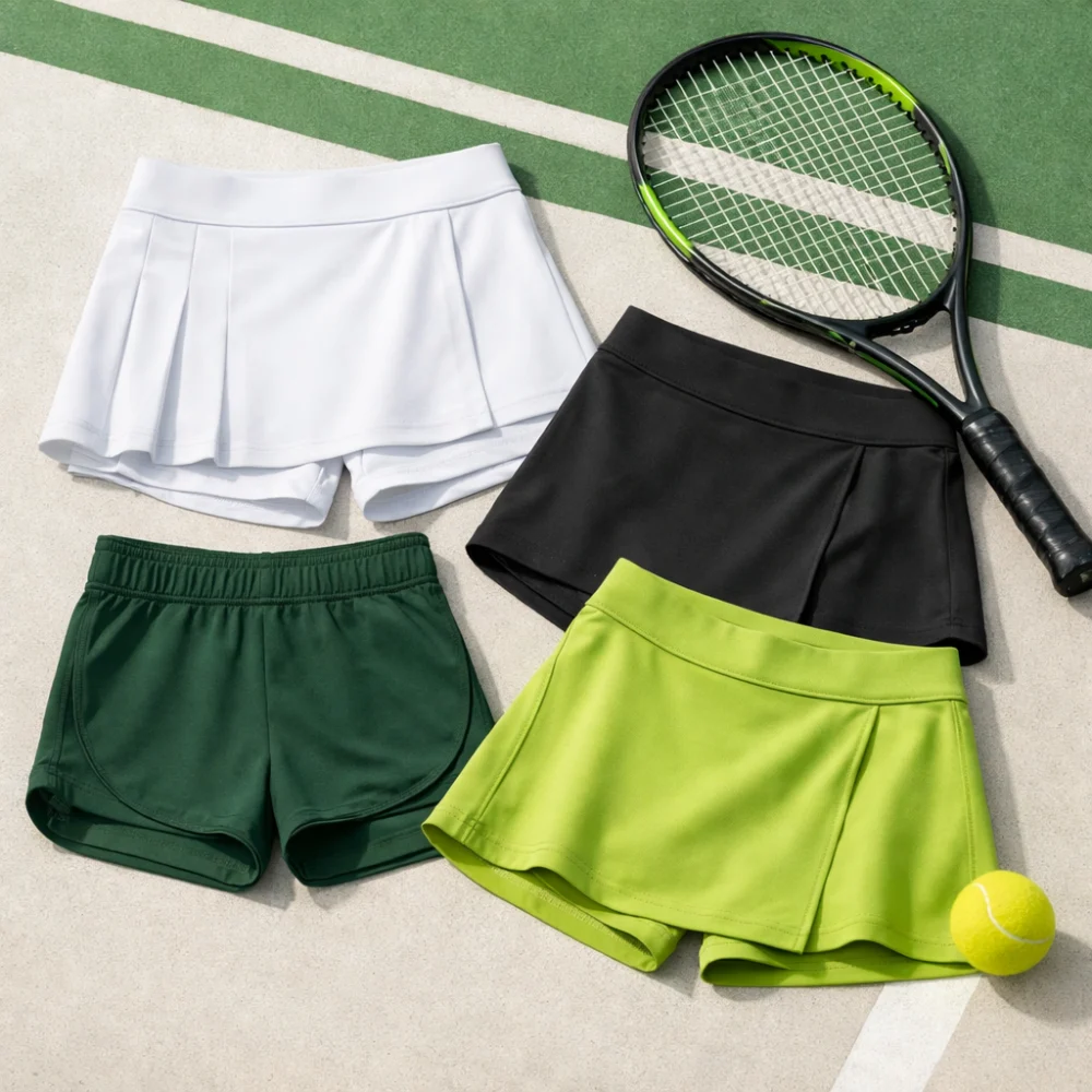Women's tennis shorts and skorts displayed with a tennis racket and ball